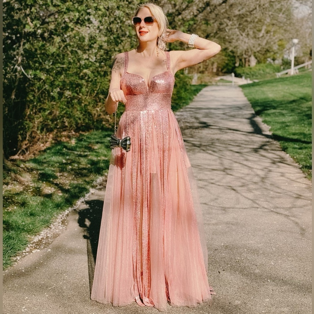 NWOT Azazie Pink Sequin Tulle Prom Dress